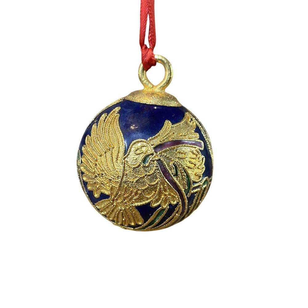 Vintage Cloisonné Christmas Ornament Ball Blue & Gold Dove Birds 1.75"